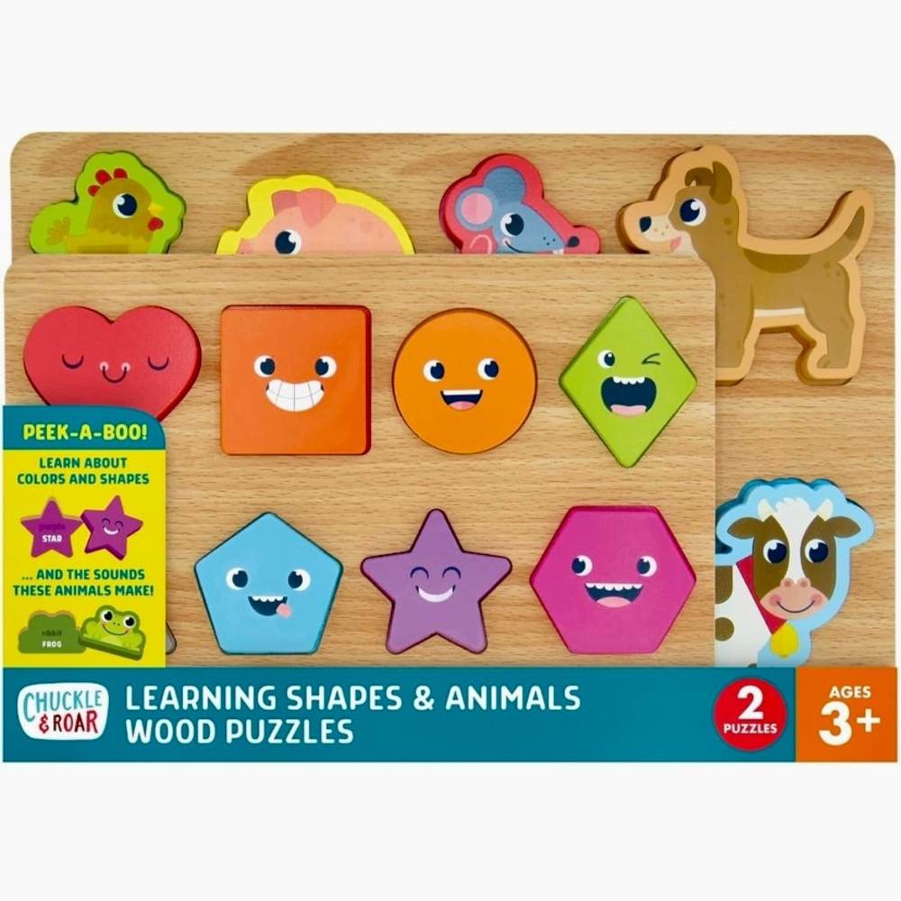 Chuckle & Roar 2 Pack Shapes/Colors and Animals Wooden Puzzles